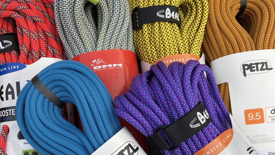 Selection of colourful climbing ropes