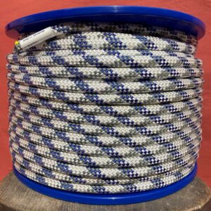 DMM Worksafe rope, blue white and grey on a blue plastic reel