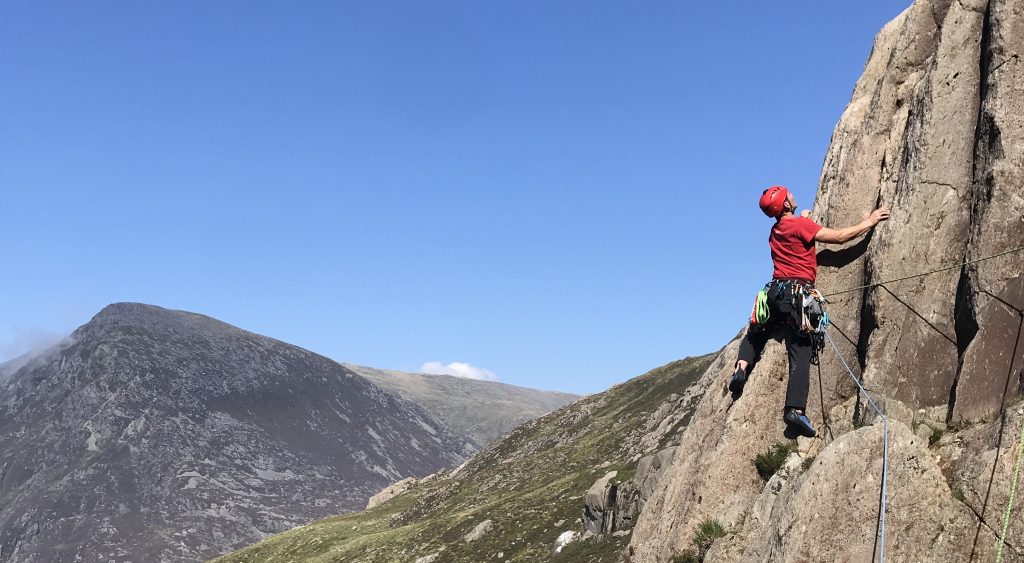 Multi-pitch rock climbing in North Wales.