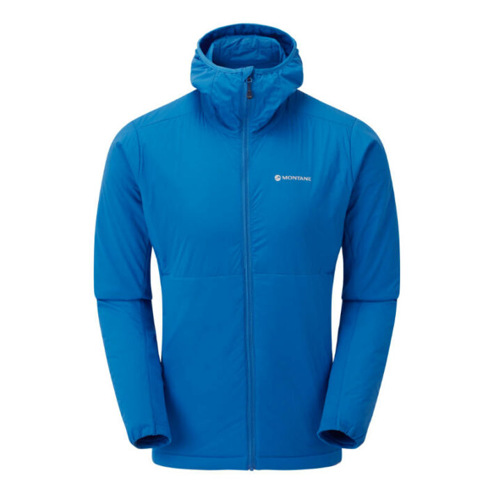 A photo showing the Montane Men's Fireball Lite Insulated Jacket in blue as a front view with the hood down.