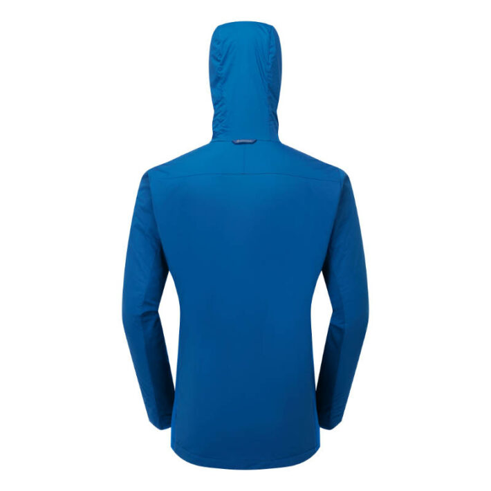 A photo showing the Montane Men's Fireball Lite Insulated Jacket in blue as a back view with the hood up.
