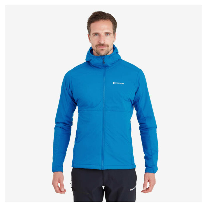 A photo showing the Montane Men's Fireball Lite Insulated Jacket in blue worn by a model as a front view with the hood down.