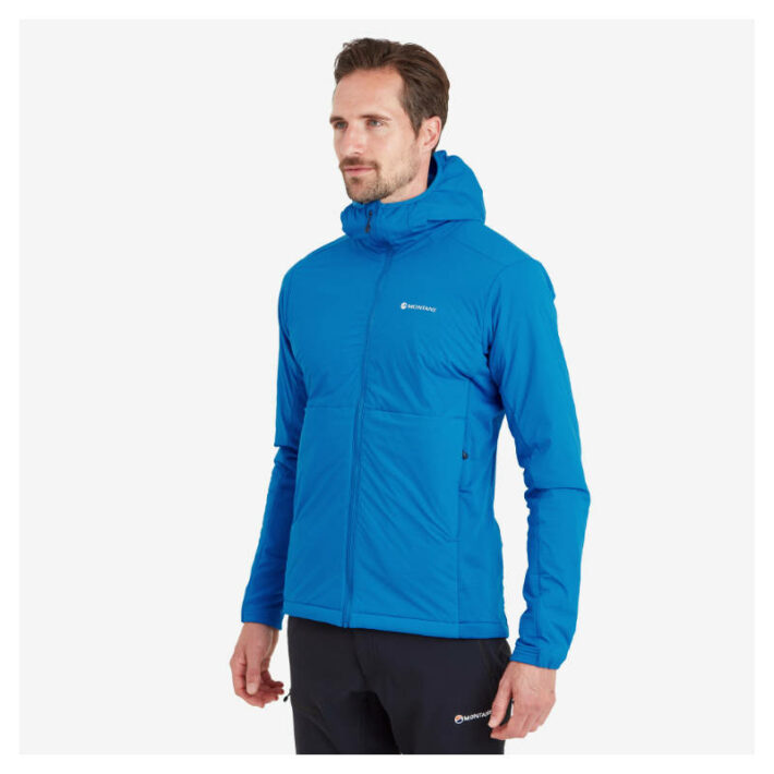 A photo showing the Montane Men's Fireball Lite Insulated Jacket in blue worn by a model as an off-centre view with the hood down.