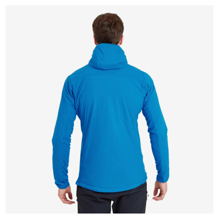 A photo showing the Montane Men's Fireball Lite Insulated Jacket in blue worn by a model as an rear view with the hood down.