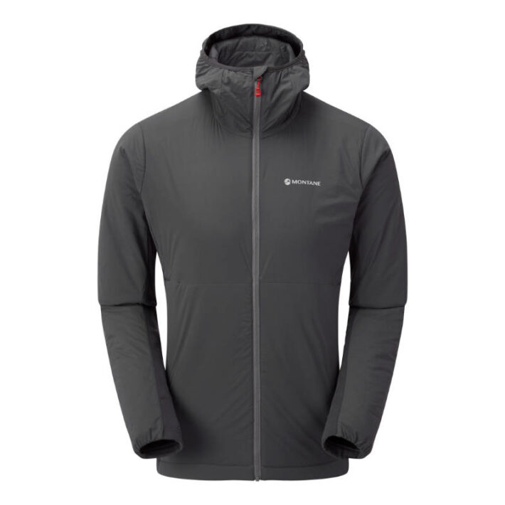A photo showing the Montane Men's Fireball Lite Insulated Jacket in slate worn as a front view with the hood down.