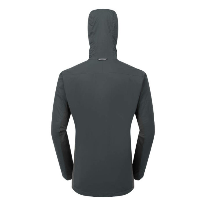 A photo showing the Montane Men's Fireball Lite Insulated Jacket in slate worn a rear view with the hood up.
