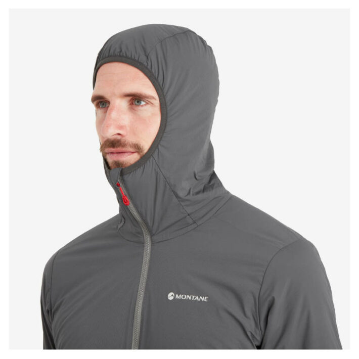A photo showing the Montane Men's Fireball Lite Insulated Jacket in slate worn by a model as an off-centre view of the head and shoulders only with the hood up.