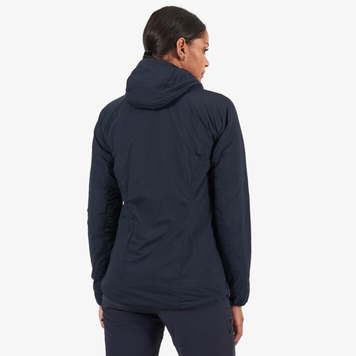 A rear view of the Montane Women's Fireball Jacket being worn by a model with the hood down.