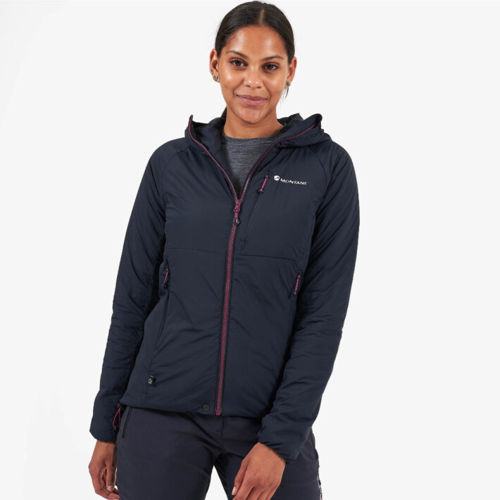 A front view of the Montane Women's Fireball Jacket being worn by a model with the hood down.
