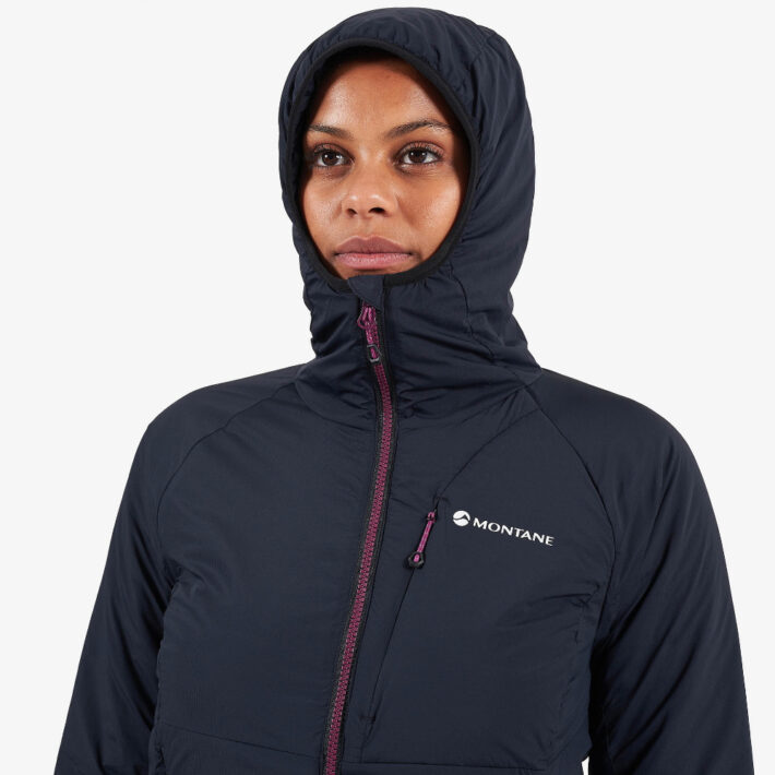 A front view of the Montane Womens Fireball Jacket being worn by a model with the hood up.