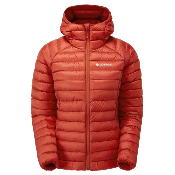 A photo showing the front view of the Montane Women's Anti-freeze Hooded Jacket with the hood down.