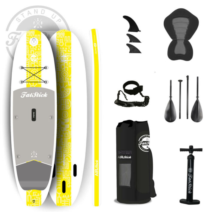 AirStick 10’6 inflatable paddle board SUP package in yellow from FatStick