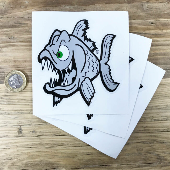 Large angry fish stickers in silver from Pyranha Kayaks