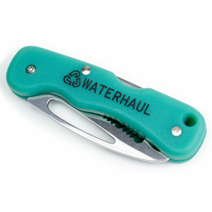 Waterhaul knife with a hooked end. Front. Closed.