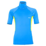 Mens Rash Vest Front Image. Blue with daffodil-yellow lateral sections.