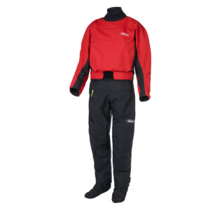Red and Black horizon drysuit. Front image.