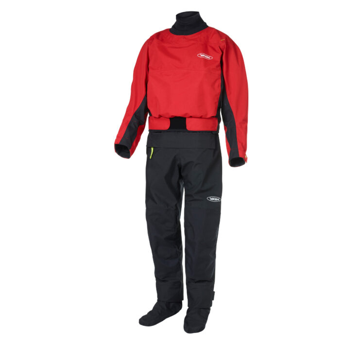 Red and Black horizon drysuit. Front image.