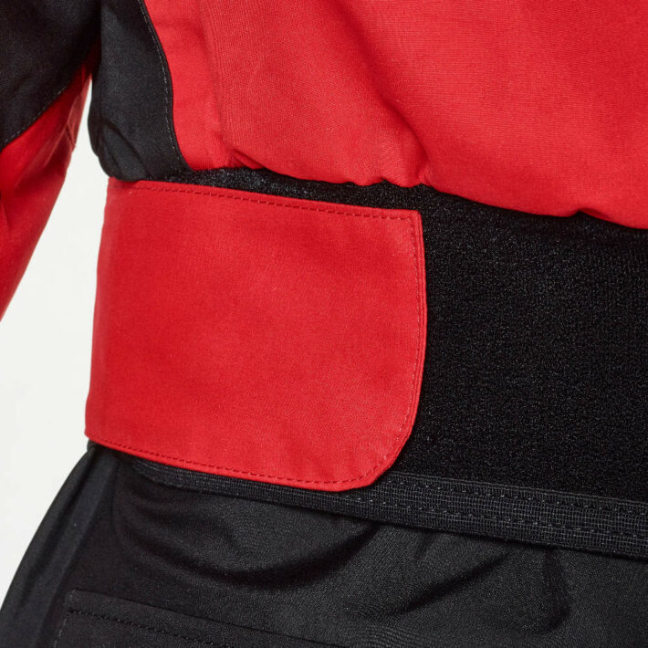 Red and Black horizon drysuit. Adjustment strap close-up image.