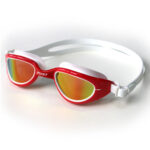 Red zone 3 swimming goggles with white strap and reflective lens. Rendered image.