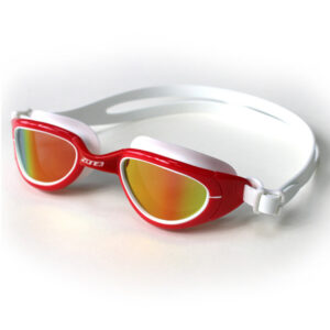 Red zone 3 swimming goggles with white strap and reflective lens. Rendered image.