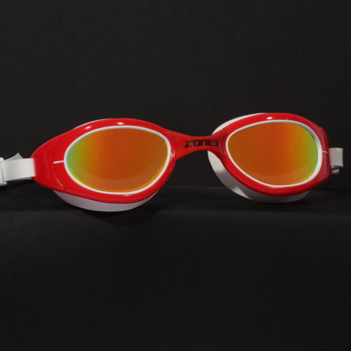 Red zone 3 swimming goggles with white strap and reflective lens. Front facing image.