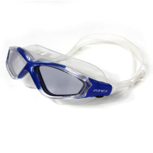 Clear zone 3 swimming goggles with blue accents around the nose and side of the goggles.