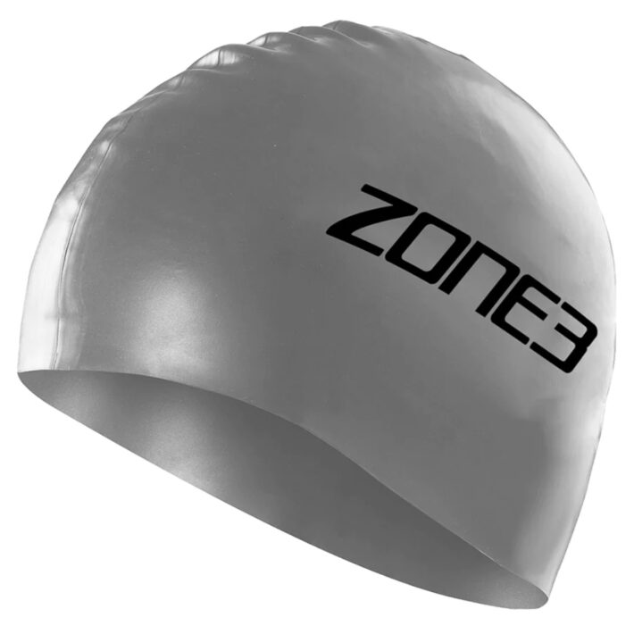 Zone 3 swim cap, silver, front and side facing image
