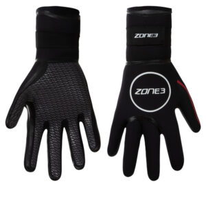 Neoprene Swim Gloves, Colour: Black with White and Red Detailing, Image shows both the front and the back of the gloves.