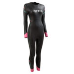 Womans Wetsuit. Colour: Black with pink bands round the wrists and ankles. Full Front image.