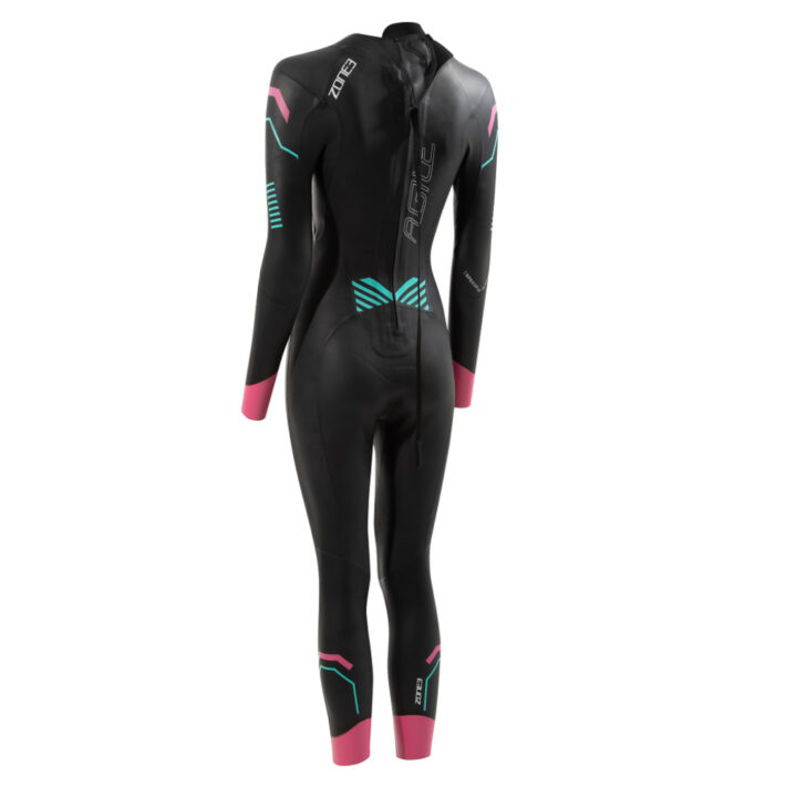 Woman's agile wetsuit, Colour: Black with Pink and Teal detailing. Back facing shot showing the hole of the back of the wetsuit.