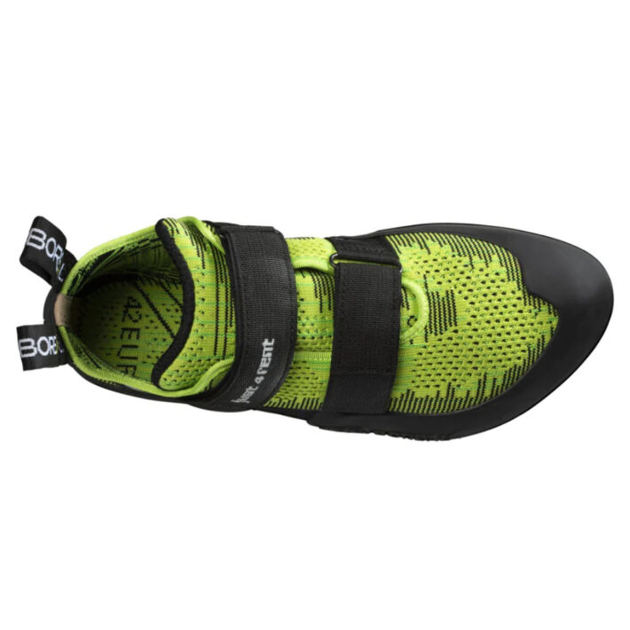 showing the top of climbing shoe with neon green fabric and rubber