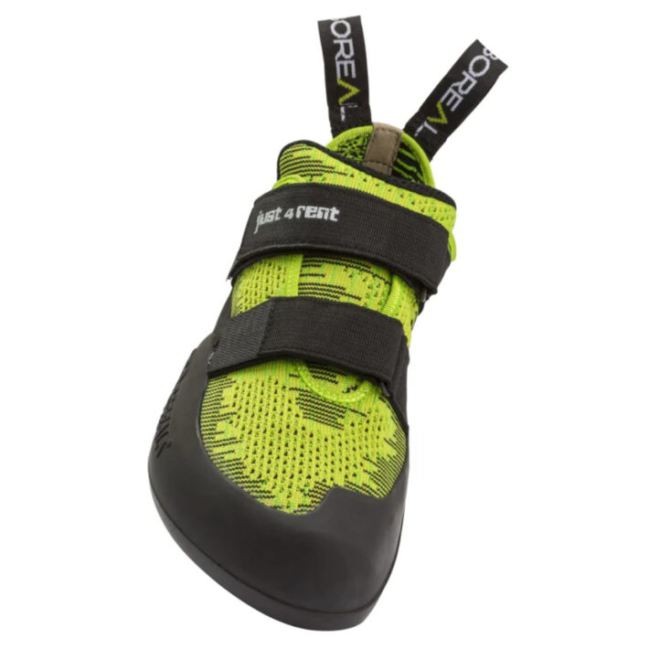 showing the front of climbing shoe with green fabric and black rubber