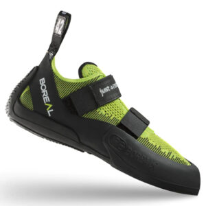 side facing image showing the outside of a climbing shoe with neon green fabric and black rubber