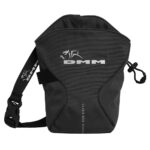 DMM traction Chalk Bag. Colour: Black with grey detailing and DMM brand logo. Front facing image showing front of chalk bag with strap and clip in shot.