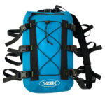 yak 20l dry deck bag, blue, showing top and back of bag