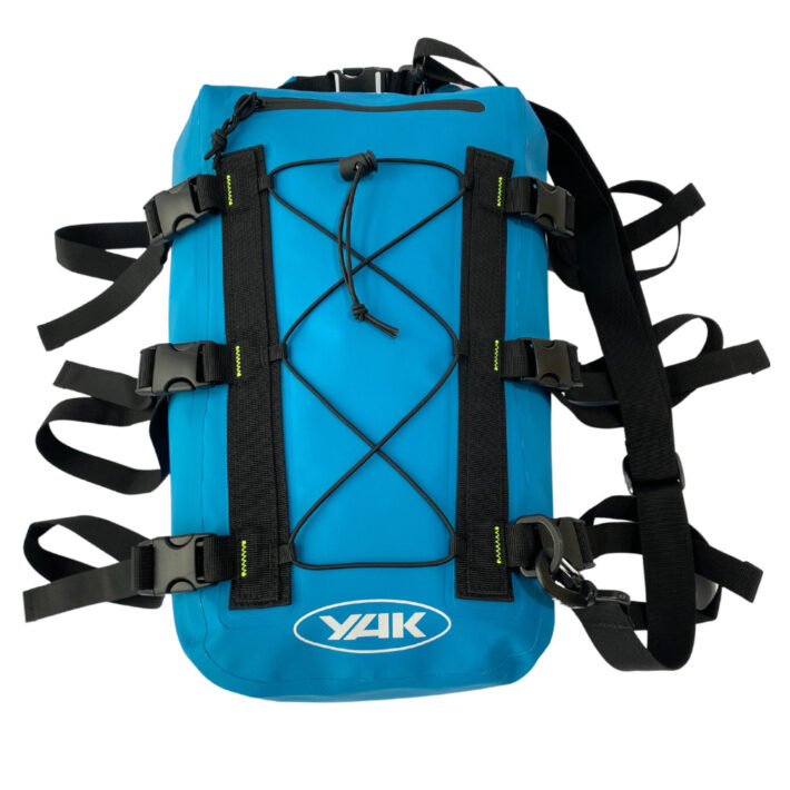 yak 20l dry deck bag, blue, showing top and back of bag
