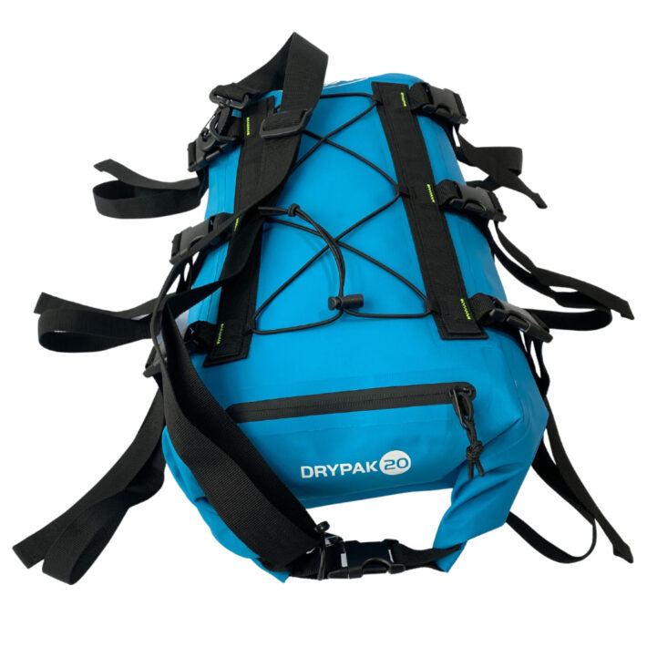 yak 20l dry deck bag, blue, showing top and front of bag