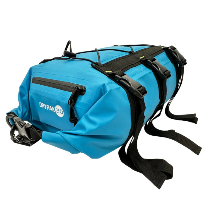 yak 20l dry deck bag, blue, showing top front and side of bag