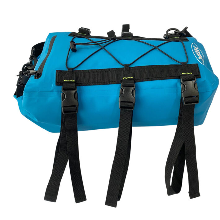 yak 20l dry deck bag, blue, showing top and side of bag