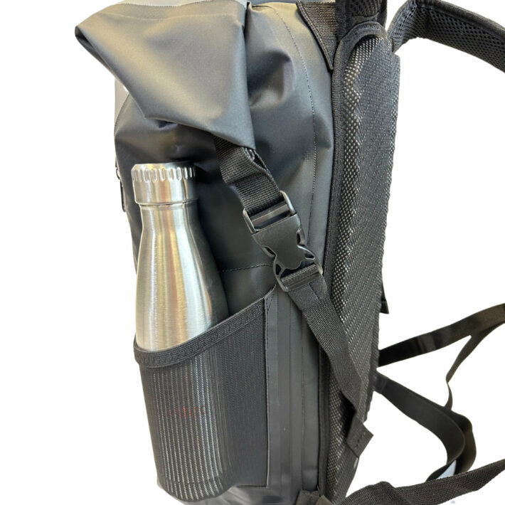 yak 30l dry bag back pack, grey, image showing bottle in side mesh pocket