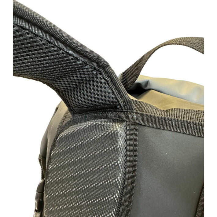 yak 30l dry bag back pack, grey, image showing close up of shoulder straps and back padding