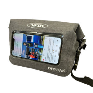 Yak Dry Waist bag, Grey, showing bag with a phone in the phone pocket