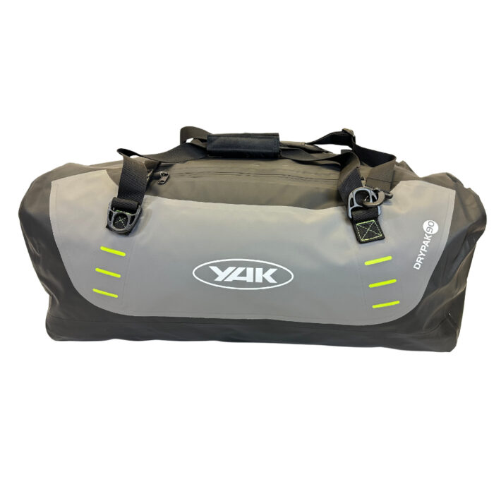 yak rolltop dry holdall, colours light and dark grey, showing front of bag