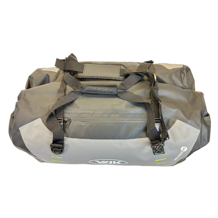 yak rolltop dry holdall, colours light and dark grey, showing top of bag