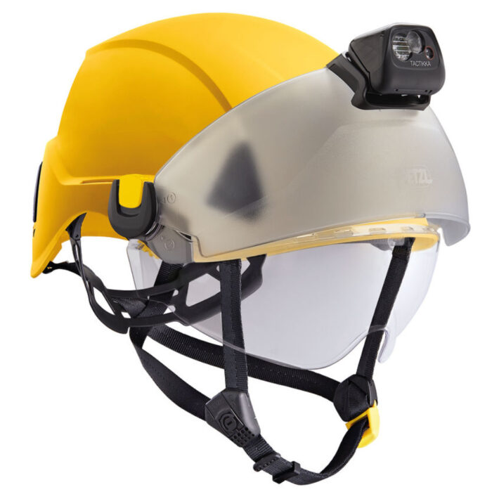 Petzl Strato Yellow, Colour Yellow, Photo showing front and side profile of helmet with added visors and torch