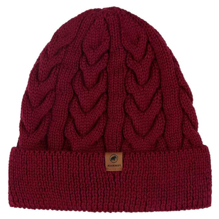 Front image of Valbella Beanie. Red Colour with small Brown central Logo.