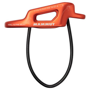A photo showing the mammut alpine wall belay in a side view showing the inscribed instructions of use and its weight rating.