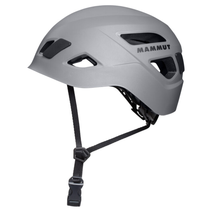 A side perspective photo of the Mammut Skywalker Helmet in titanium.