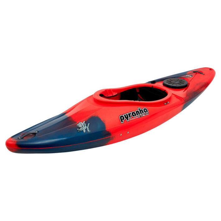 A photo of the Pyranha ION Kayak in Rosella Red showing the front of the kayak at an angle