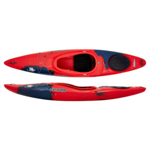 A photo of the Pyranha Fusion II Kayak in Rosella Red showing both a top down and side view